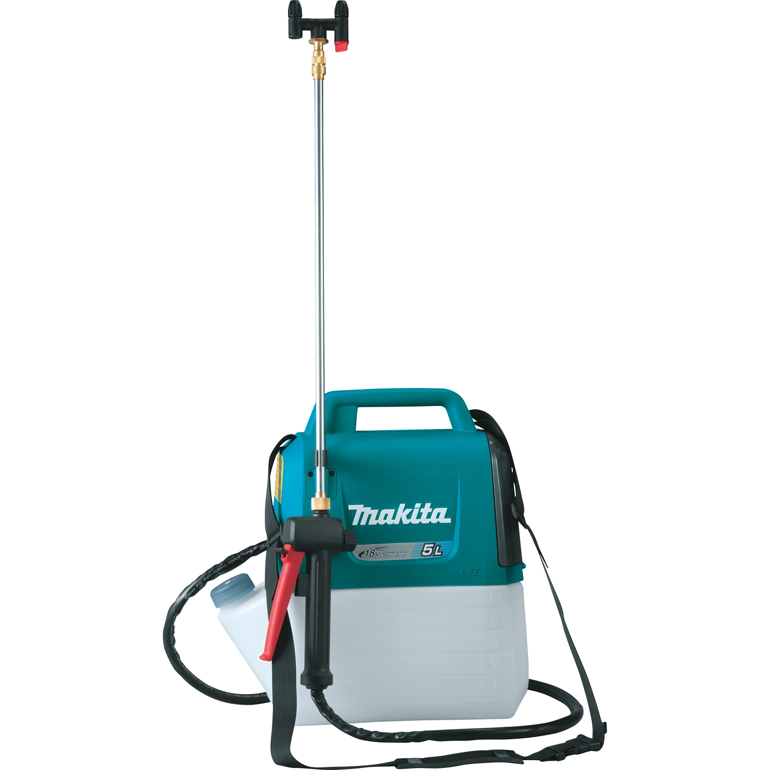 Front view of Makita 1.3 gallon garden sprayer with tank and wand visible
