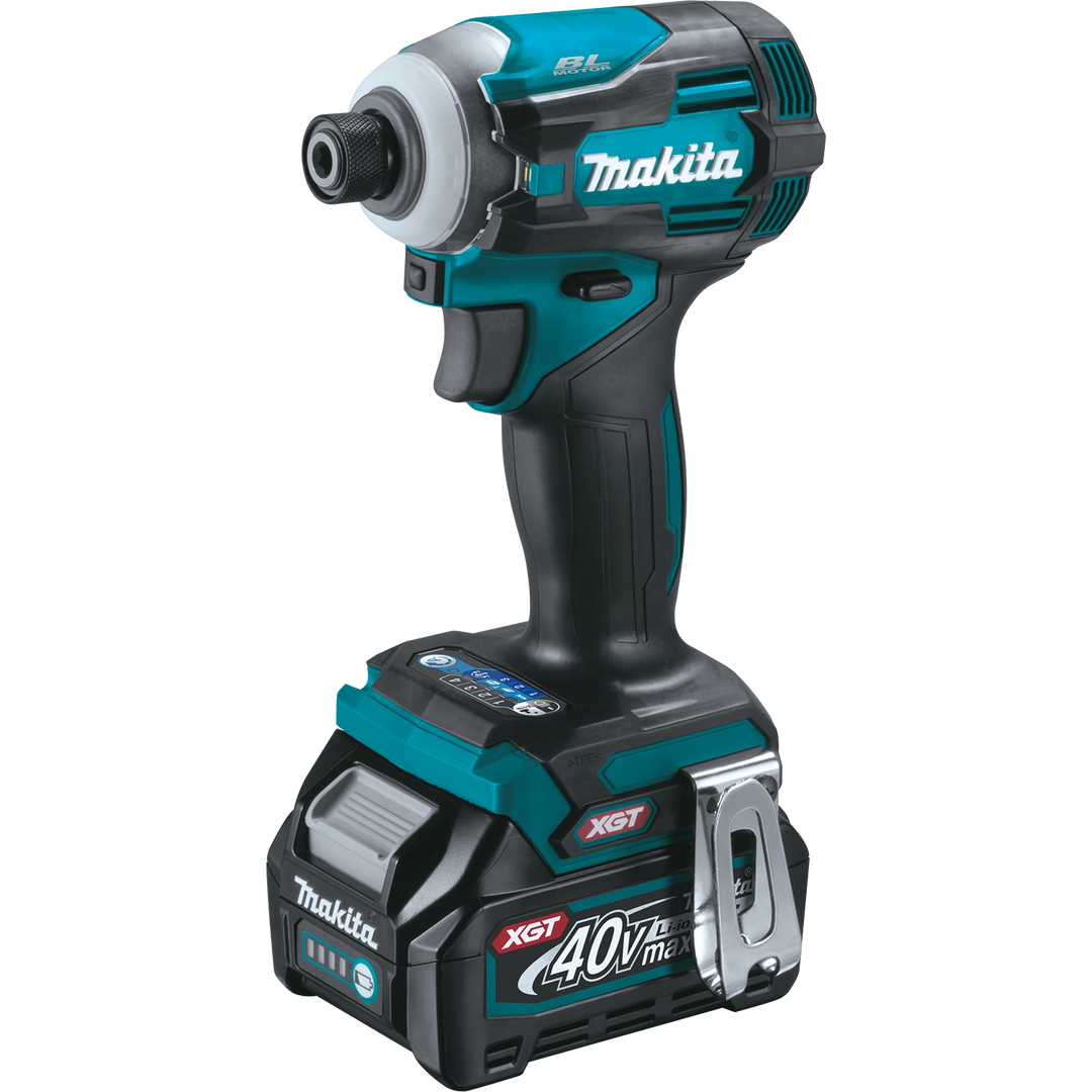 makita gdt01 40v impact driver shown with metal belt clip and torque control dial

