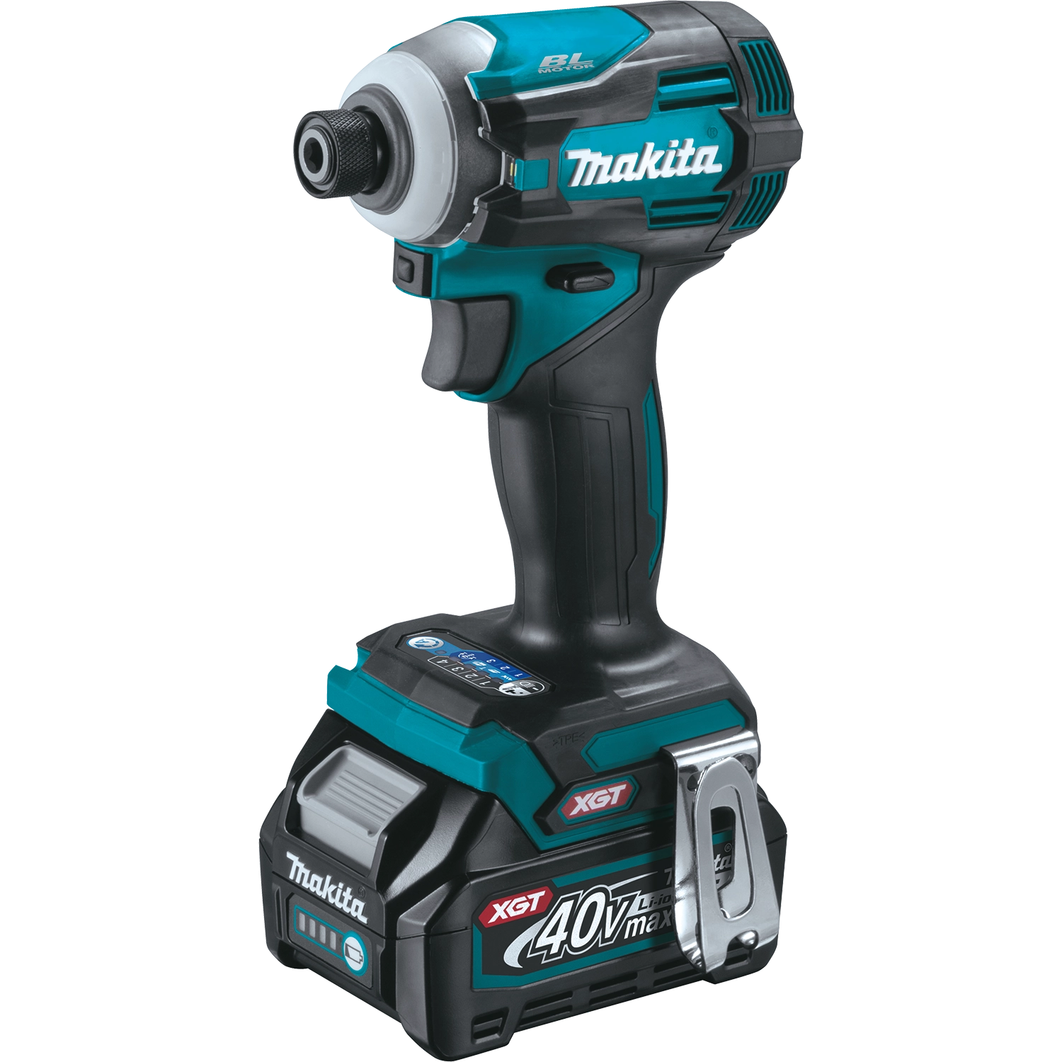 makita gdt01 40v impact driver shown with metal belt clip and torque control dial
