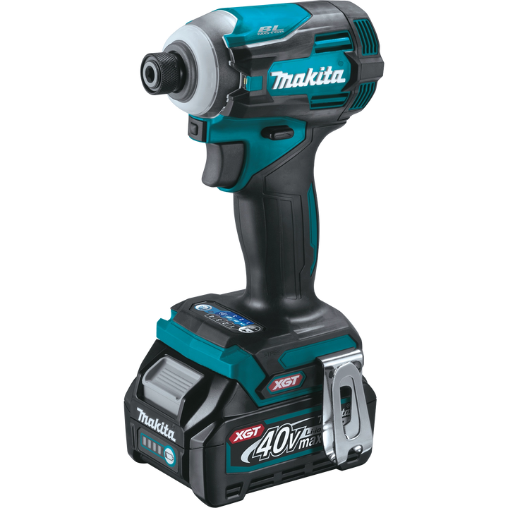 makita gdt01 40v impact driver shown with metal belt clip and torque control dial
