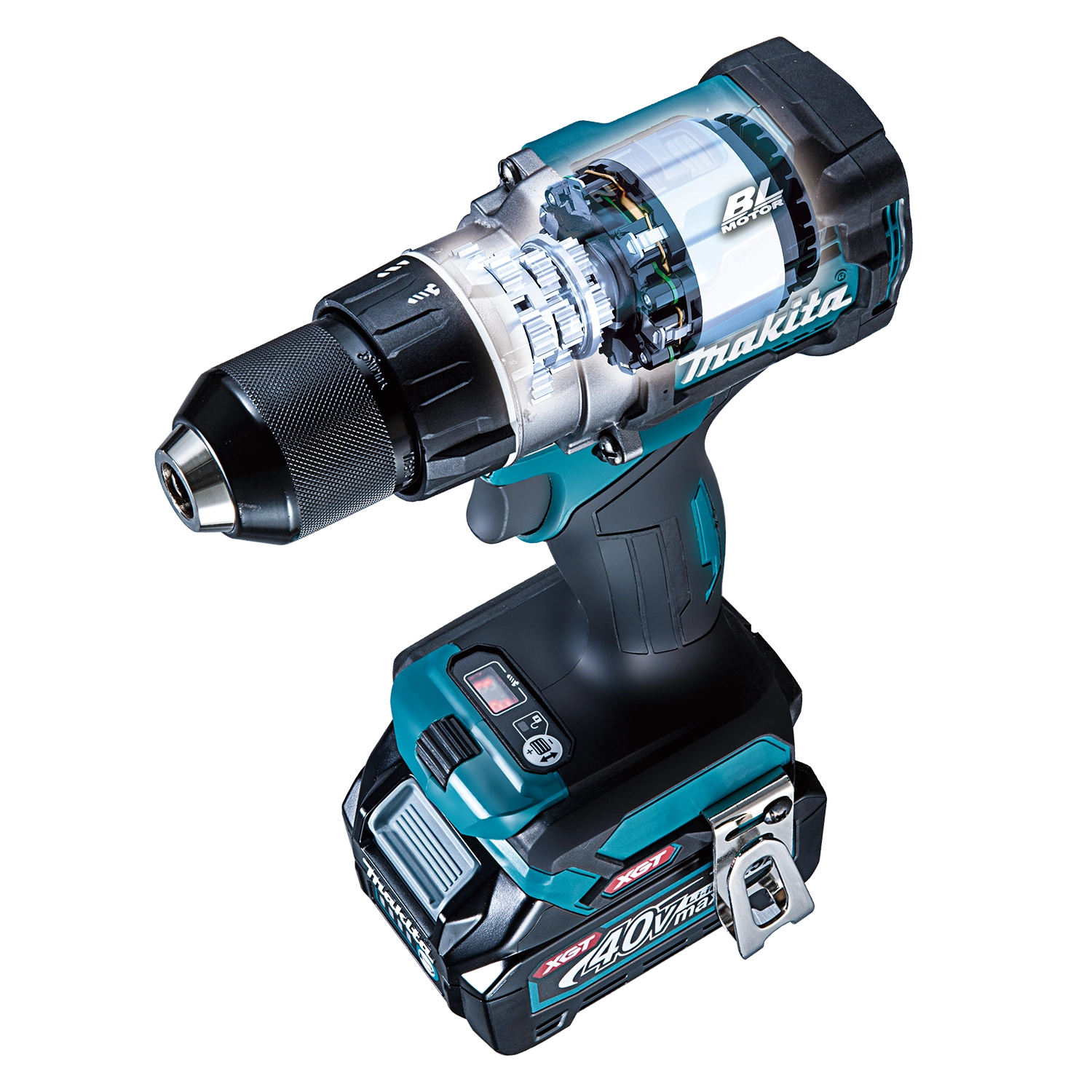 inside view of makita gph01 drill showing internal motor and transmission layout

