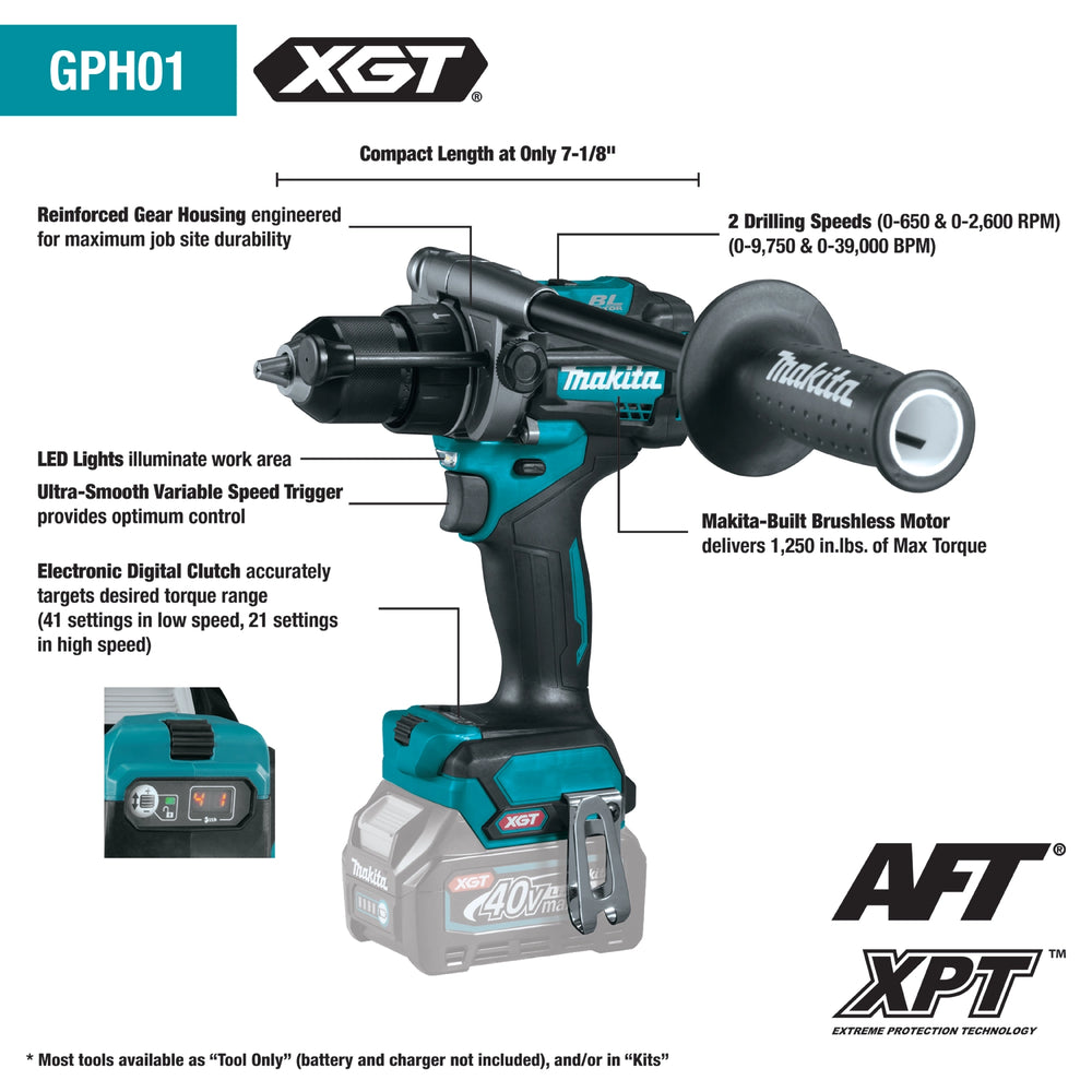 features of makita gph01 hammer driver-drill including brushless motor and torque control settings
