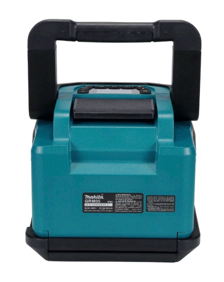 Rear view of Makita GRM05 speaker with handle in up position
