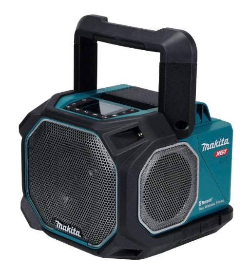 Left angled view of Makita GRM05 speaker with handle up
