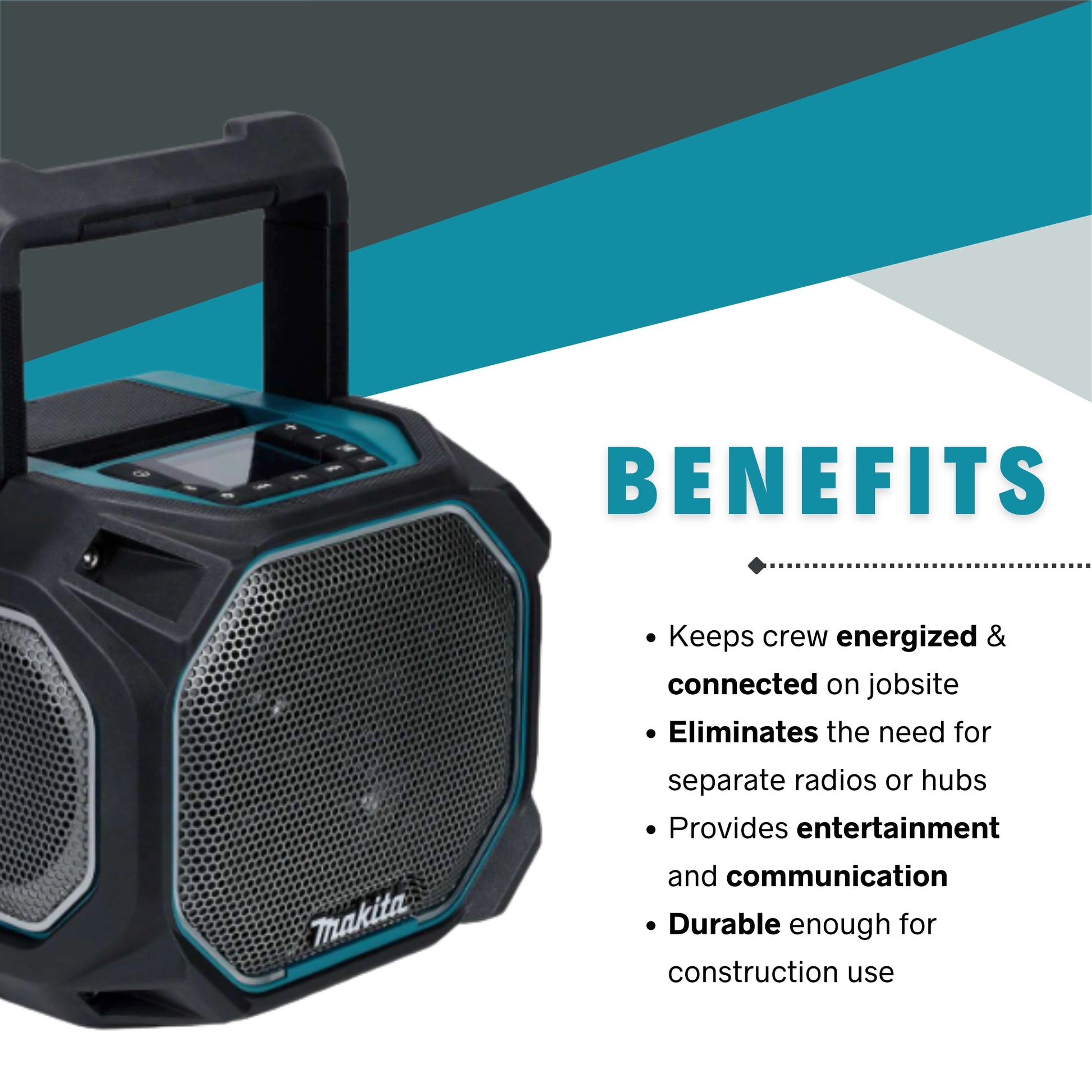 Benefits of using Makita GRM05 speaker on jobsite or workshop
