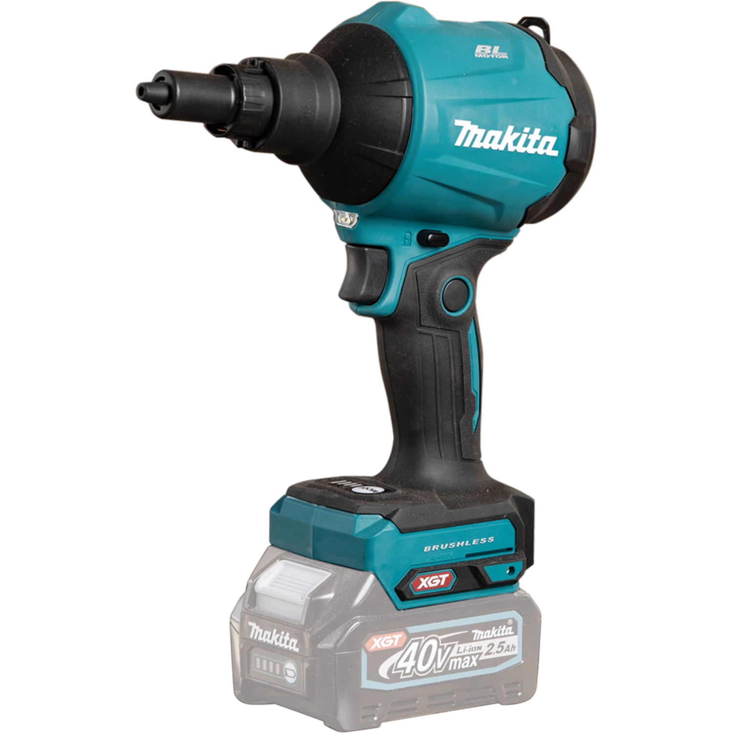 Makita 40V dust blower tool and multiple nozzle accessories
