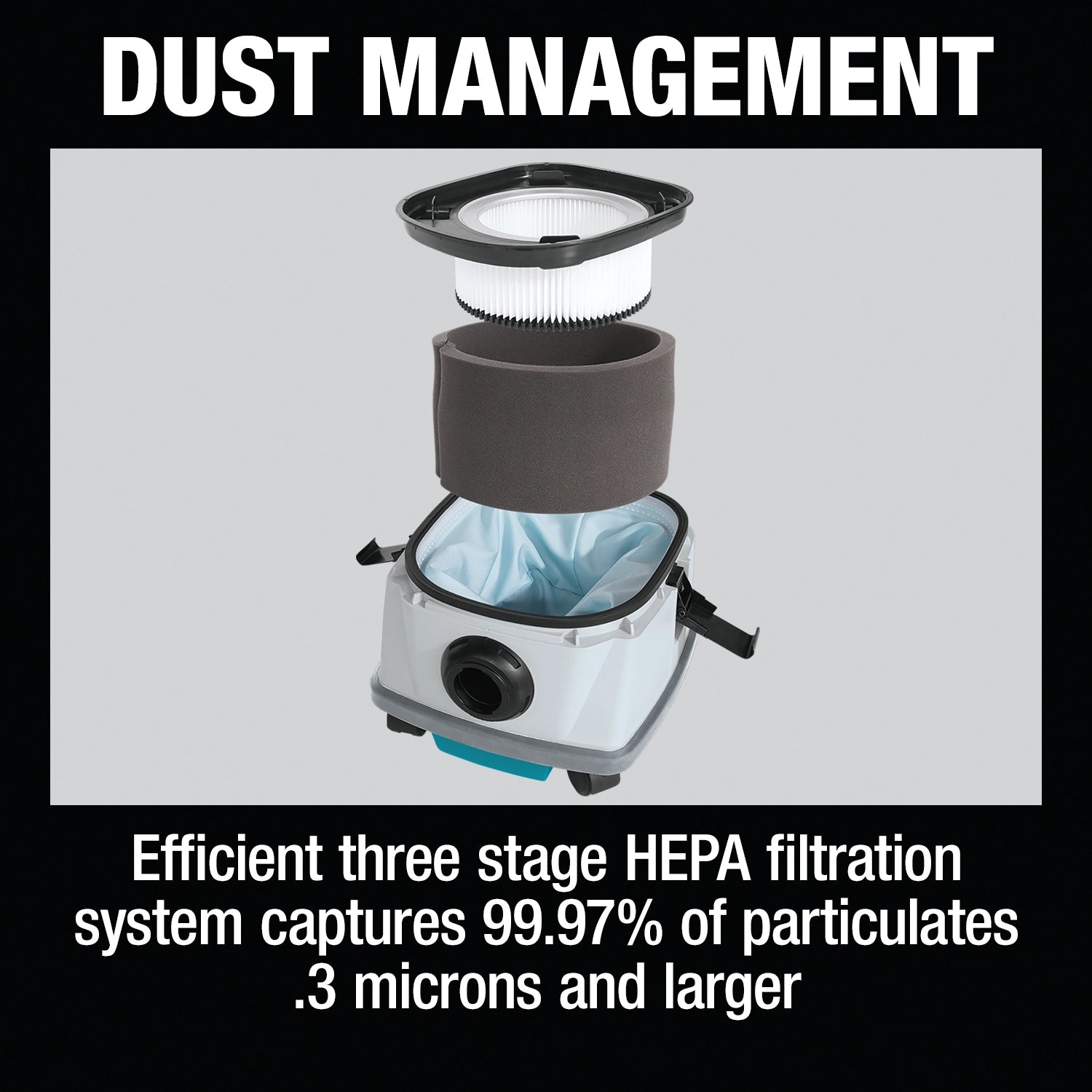 makita vacuum dust management system including hepa filter and auto filter cleaning
