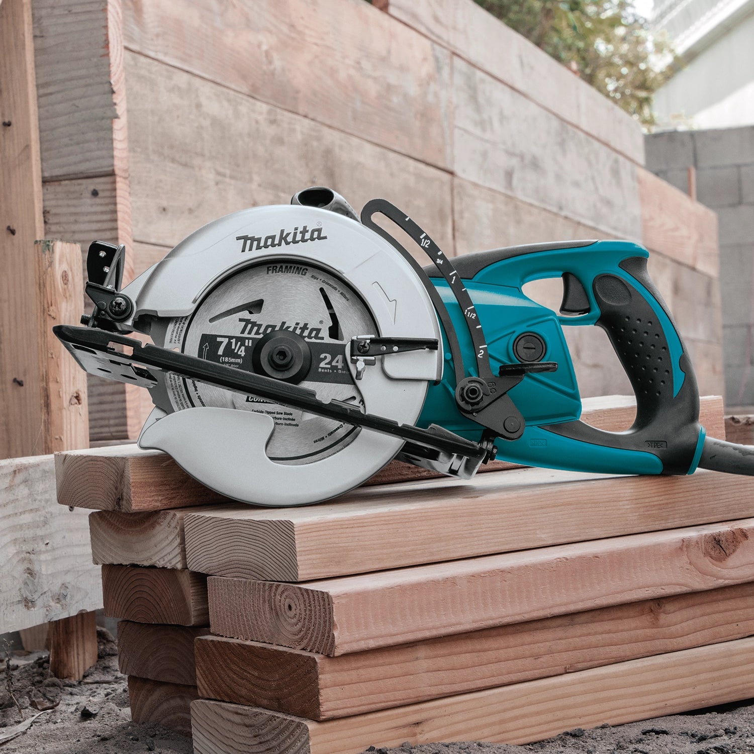 Makita Hypoid Saw on job site cutting framing lumber
