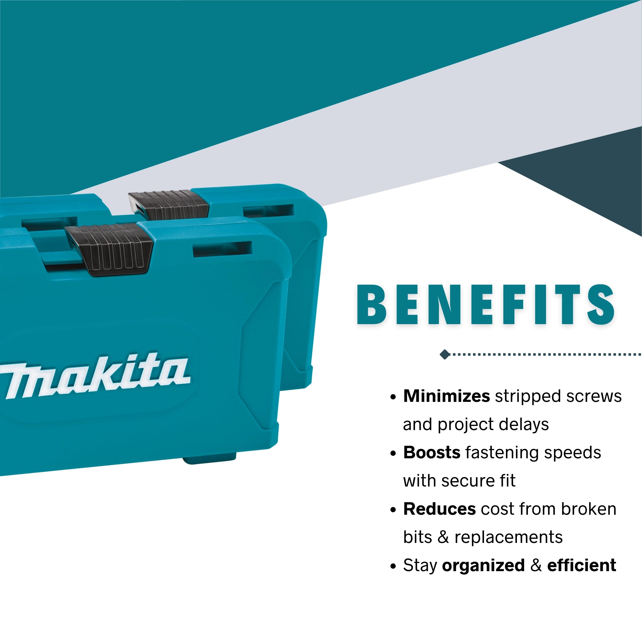 Benefits graphic highlighting Makita bit set advantages like longer bit life, secure fit, and jobsite organization
