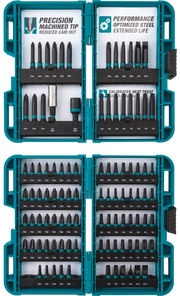 Makita E-00038 ImpactX bit set opened to show organized layout of 100 driver bits and holders
