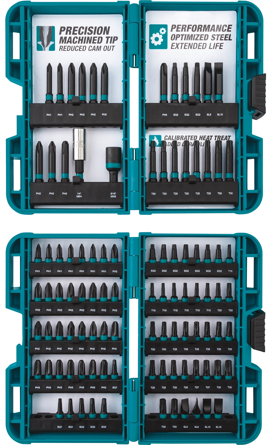 Makita E-00038 ImpactX bit set opened to show organized layout of 100 driver bits and holders
