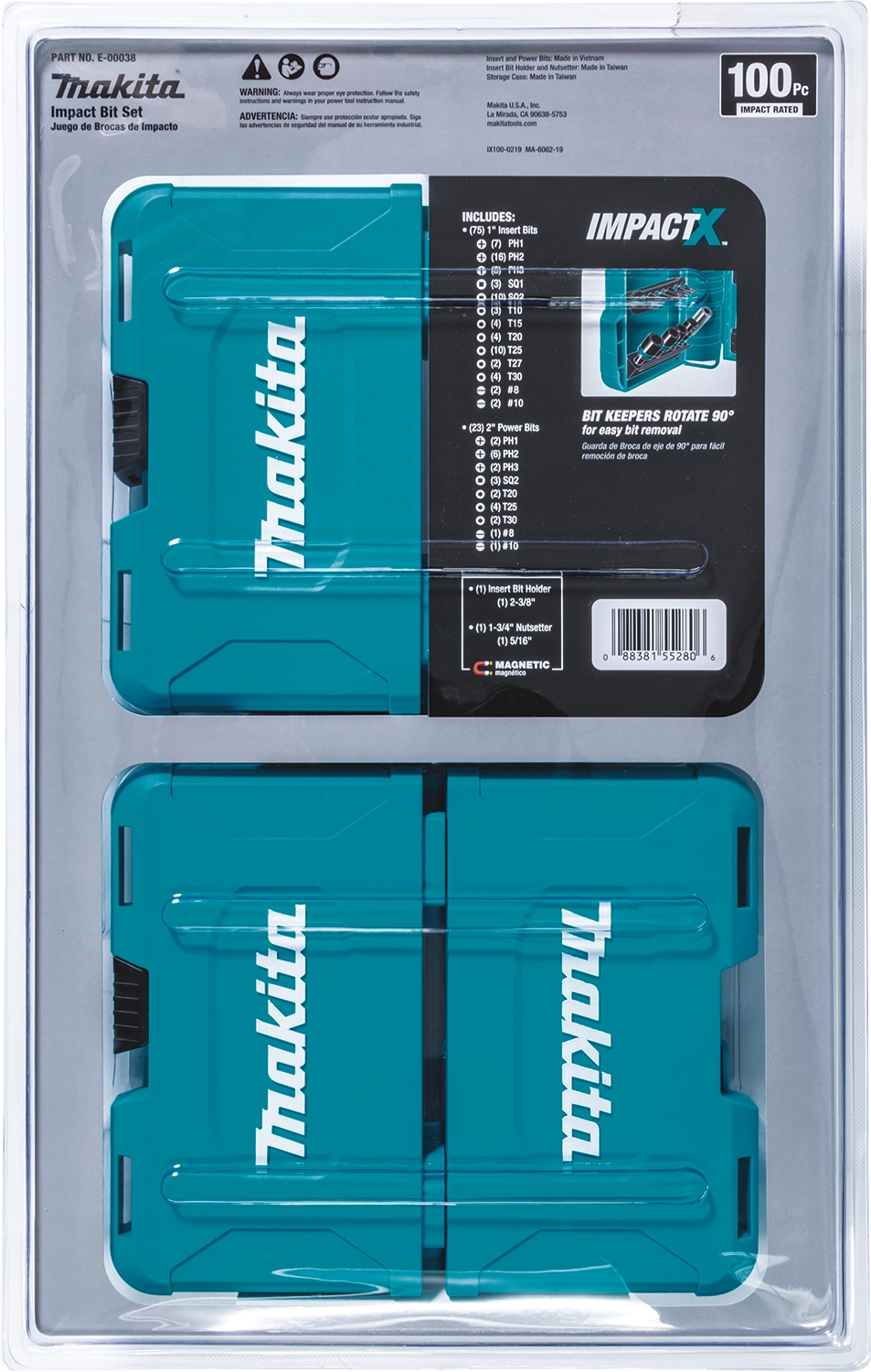 Back of Makita ImpactX 100-piece bit set packaging with specs, bit types, and use case illustrations
