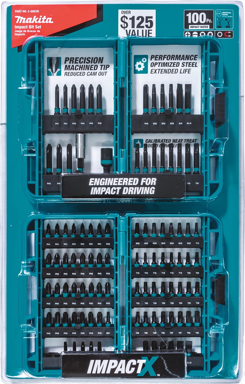 Retail packaging front for Makita E-00038 ImpactX 100-piece bit set with branding and bit preview window
