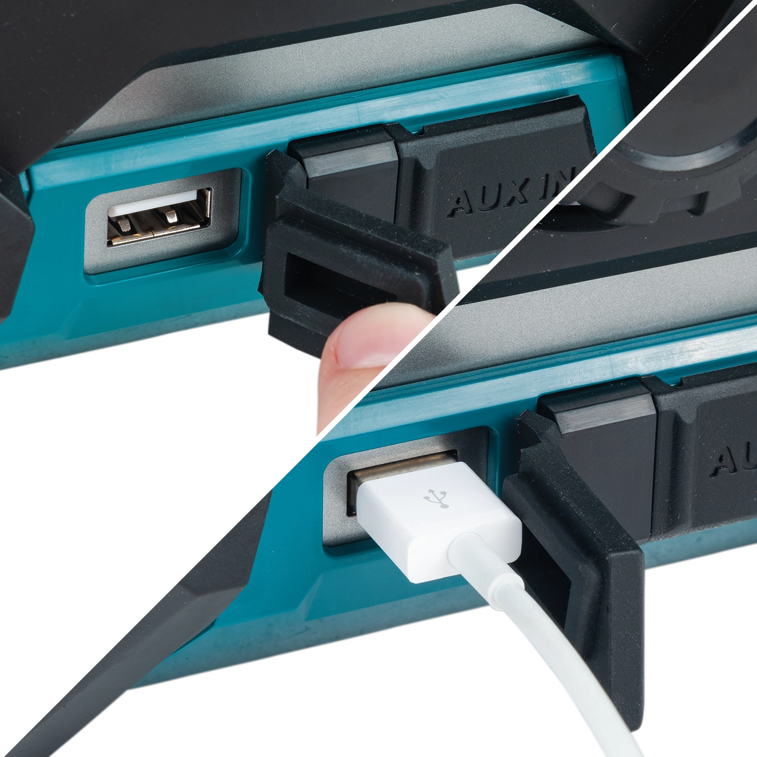 usb port on makita grm02 radio for mobile device charging and connectivity
