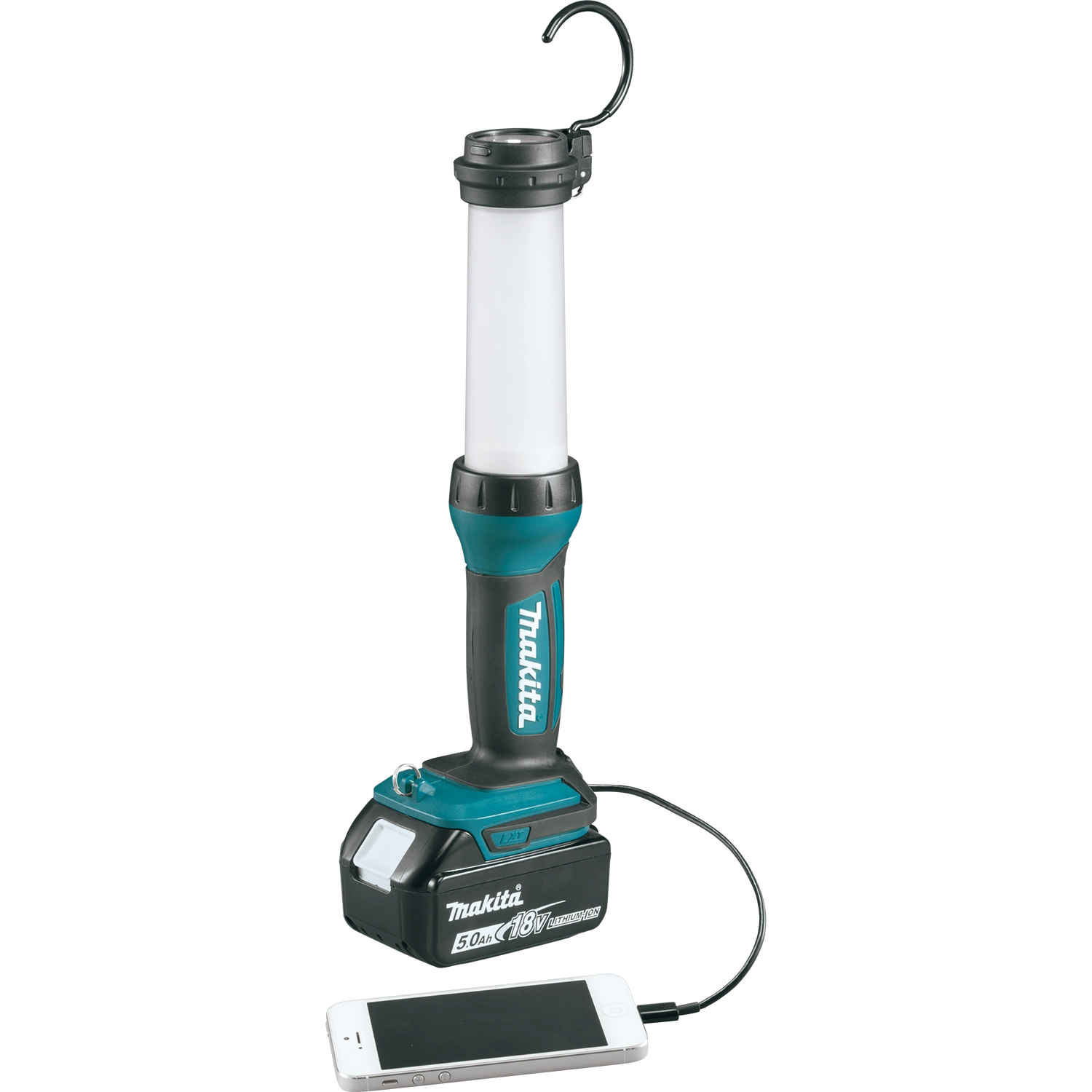makita led lantern flashlight plugged into phone via usb for charging
