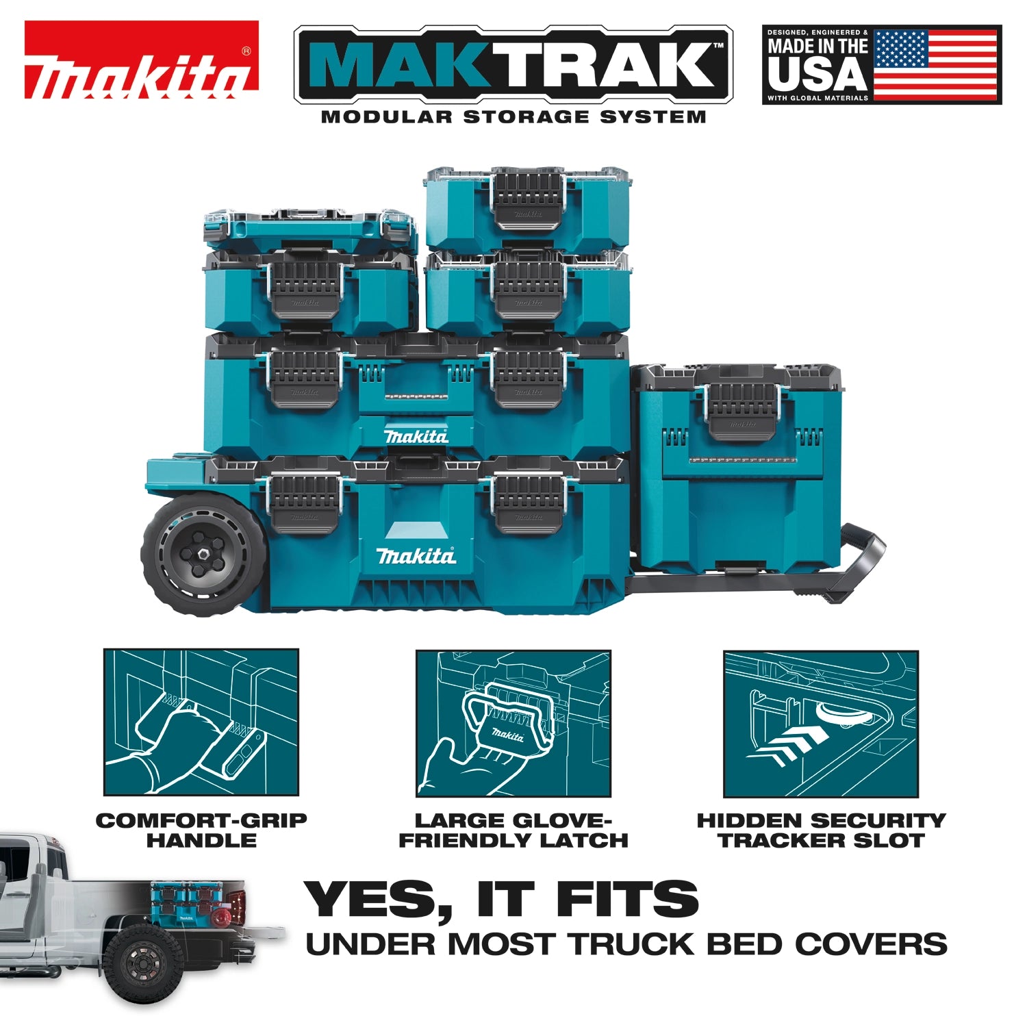 Makita MAKTRAK system shown fitting under truck bed cover in a 21.5" tall configuration
