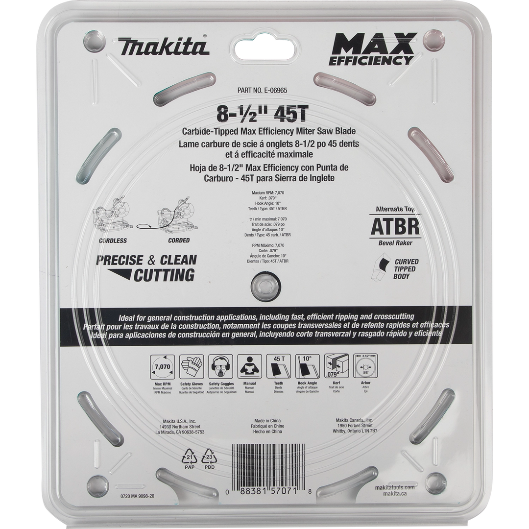 Back of Makita Max Efficiency saw blade packaging with specs and info
