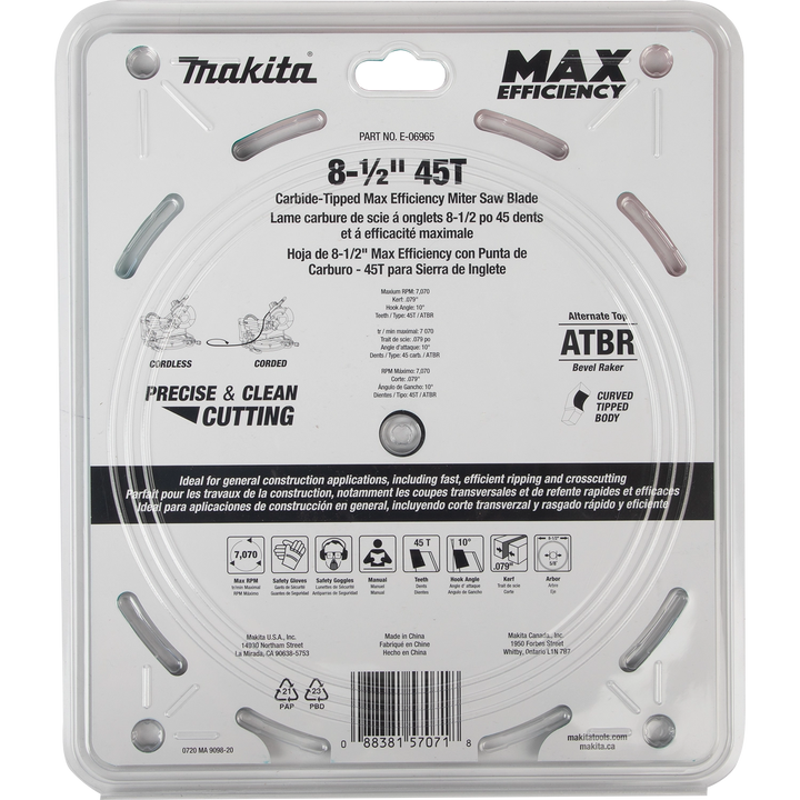 Back of Makita Max Efficiency saw blade packaging with specs and info
