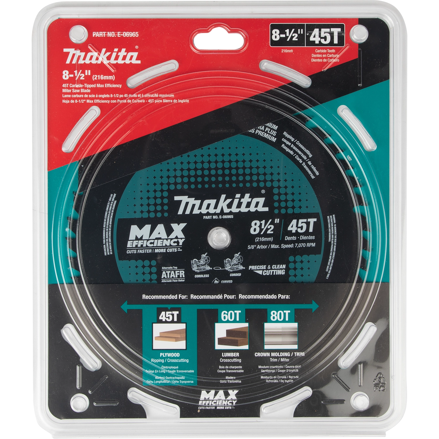 Makita Max Efficiency miter saw blade in retail packaging (front view)
