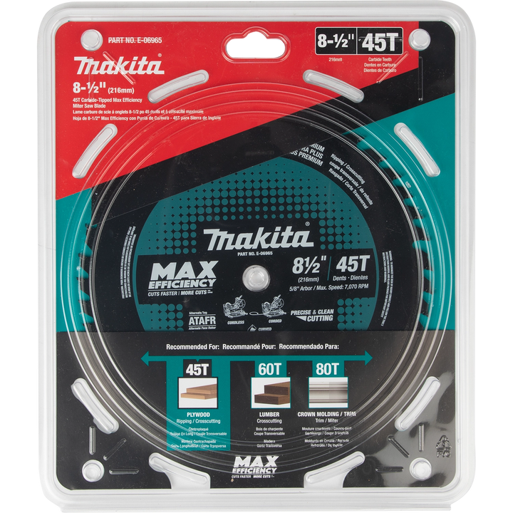 Makita Max Efficiency miter saw blade in retail packaging (front view)
