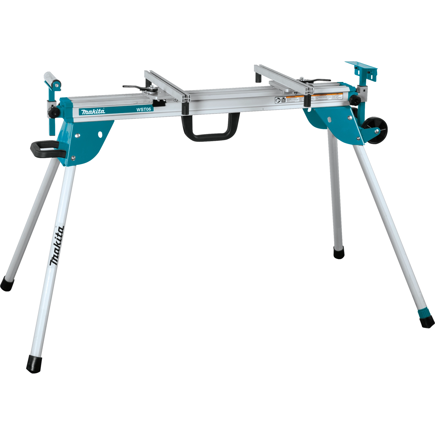 Angled view of Makita miter saw stand showing steel frame and supports
