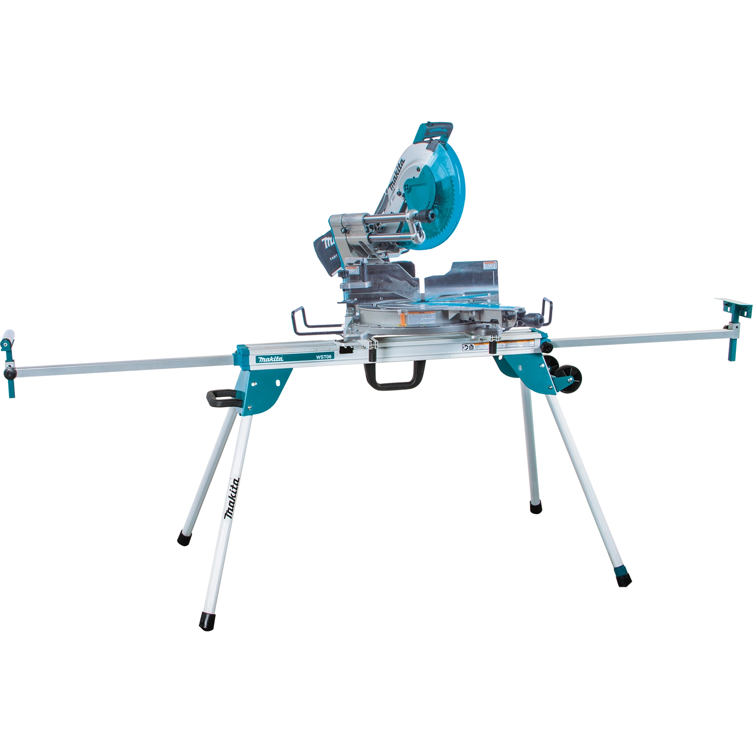 Makita miter saw stand fully extended with saw mounted
