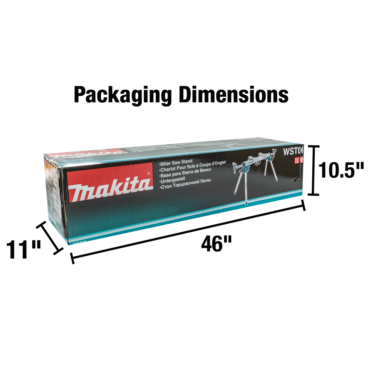 Makita miter saw stand shown next to person for scale reference
