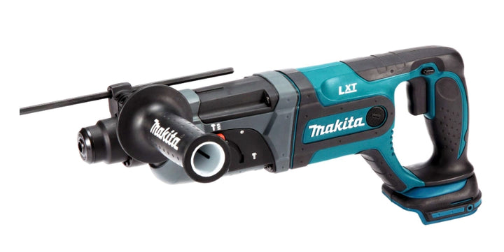 Left angle of Makita SDS-PLUS rotary hammer highlighting ergonomic grip and compact size
