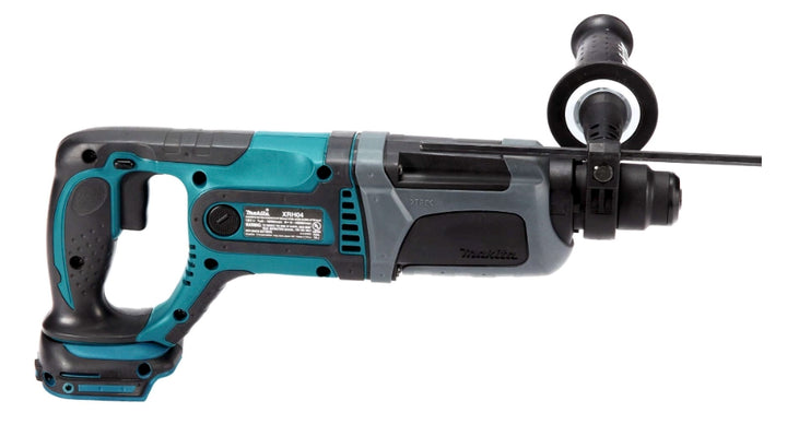 Right side of Makita SDS-PLUS rotary hammer showing control labels and grip detail
