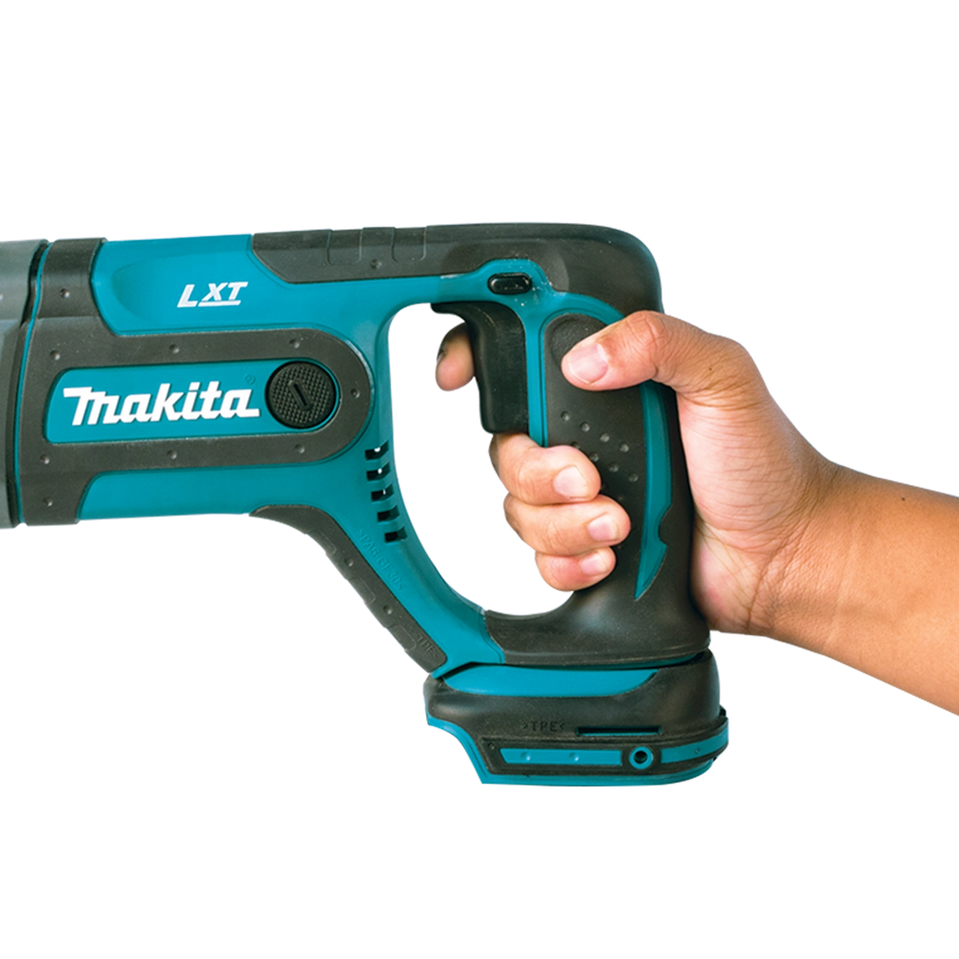 Close-up of Makita rotary hammer trigger and grip detail for control emphasis
