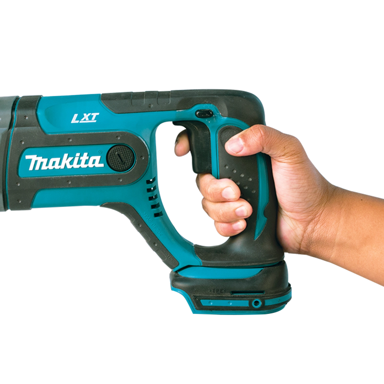 Close-up of Makita rotary hammer trigger and grip detail for control emphasis
