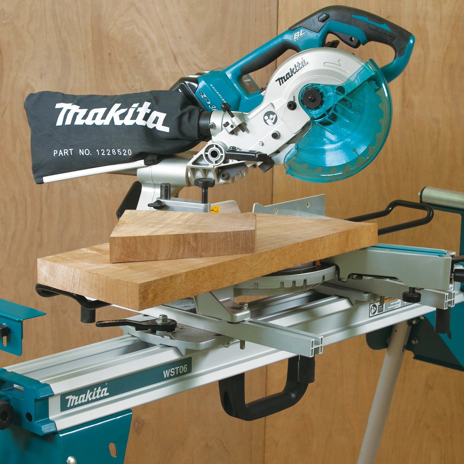Makita miter saw and stand in use on active jobsite
