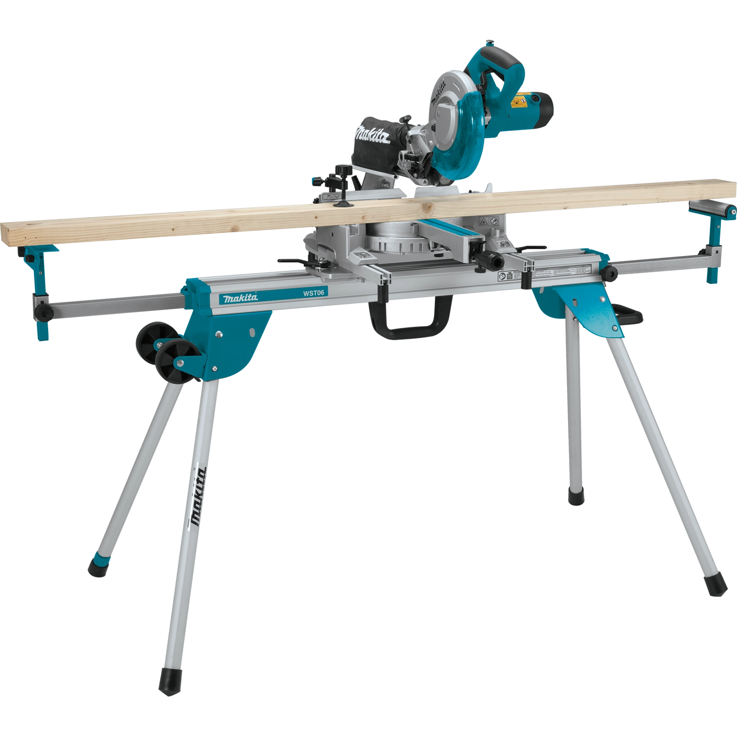 Makita miter saw stand shown with mounted saw and wood for cutting
