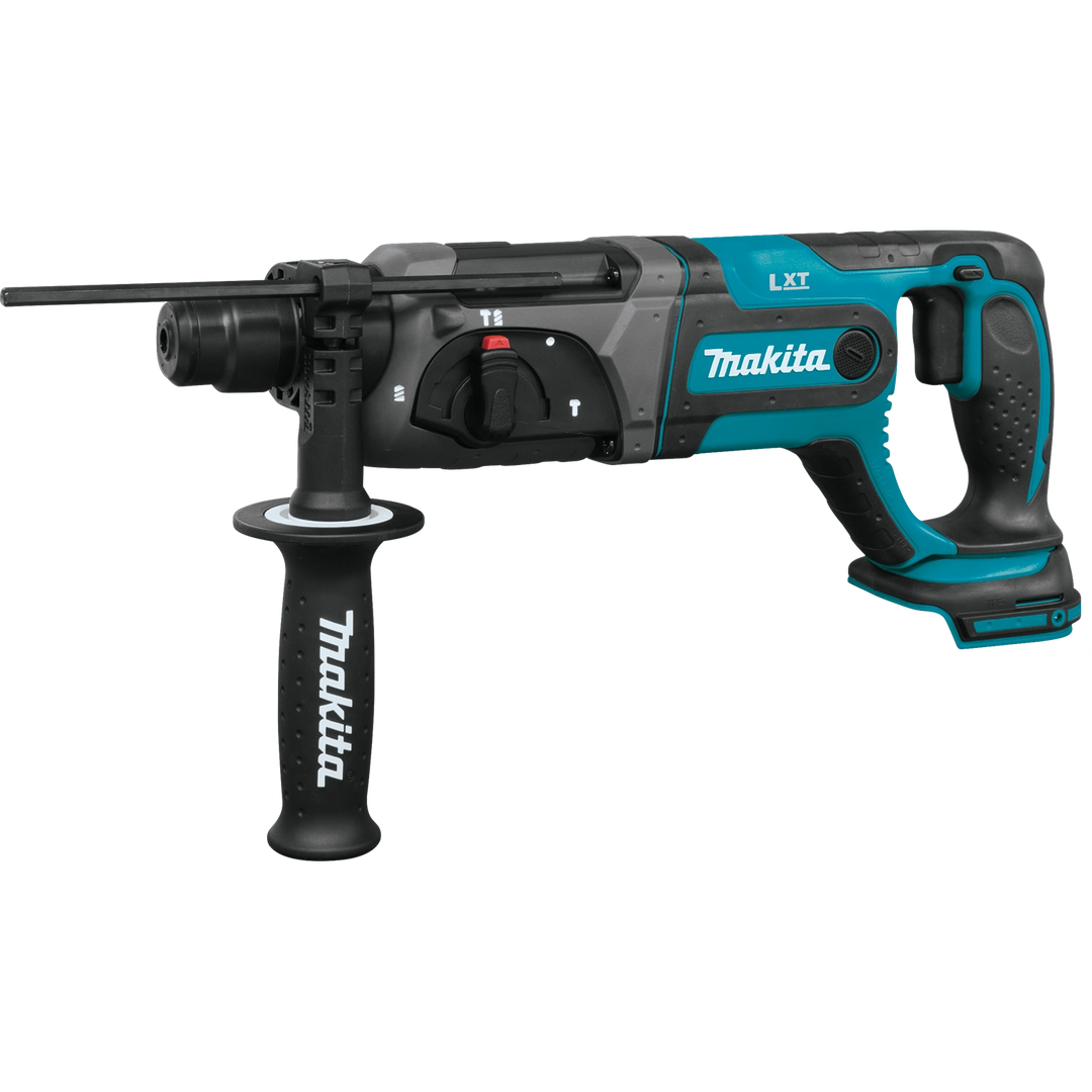 Left side of Makita 18V SDS-PLUS rotary hammer showing mode switch and venting
