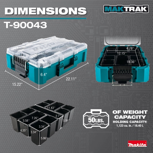 Makita T-90043 organizer dimensions shown with ruler overlay
