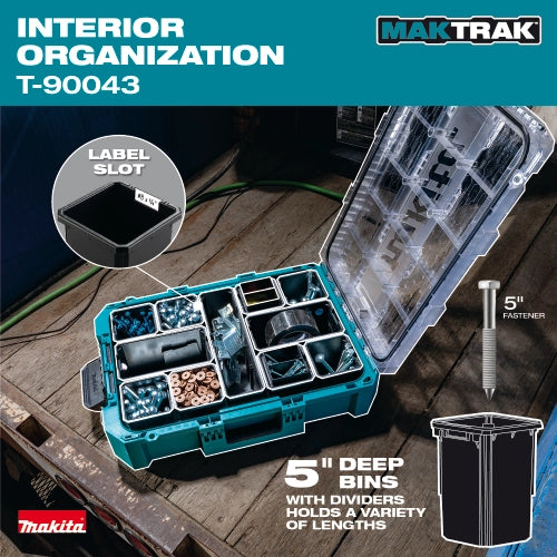 Interior bin layout of Makita T-90043 for part organization

