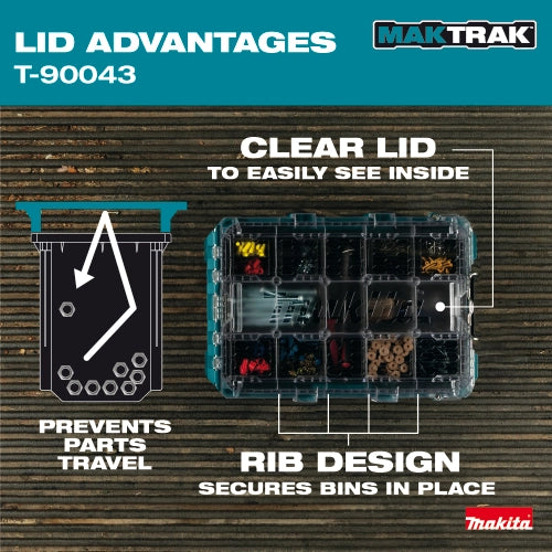 Lid design advantages of Makita T-90043 including ribbed, clear top
