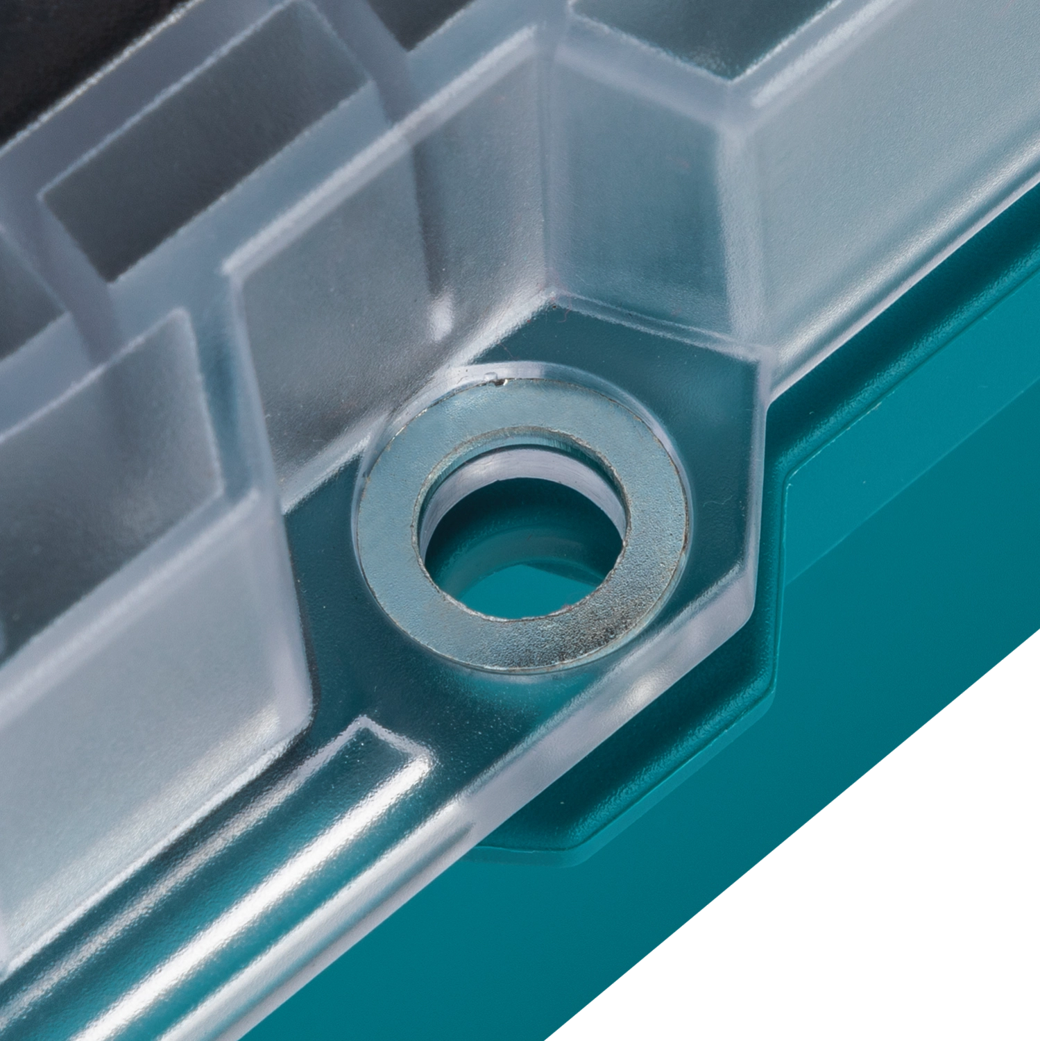 Close-up of lock hole on Makita T-90043 for added security
