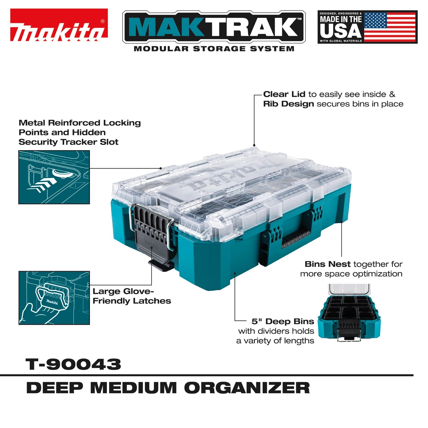 Additional Makita T-90043 features for modular storage and durability
