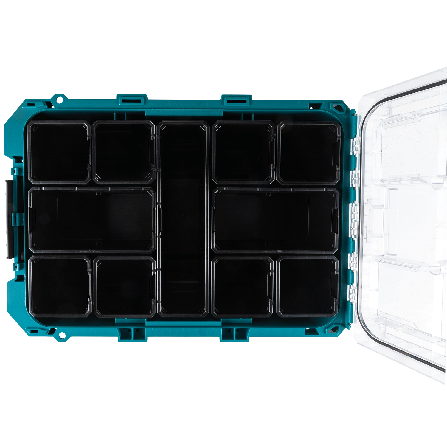 Top-down view of Makita T-90043 with open lid and bins

