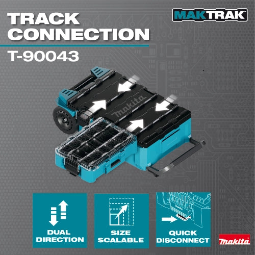 Track connection on Makita T-90043 for MAKTRAK™ stacking
