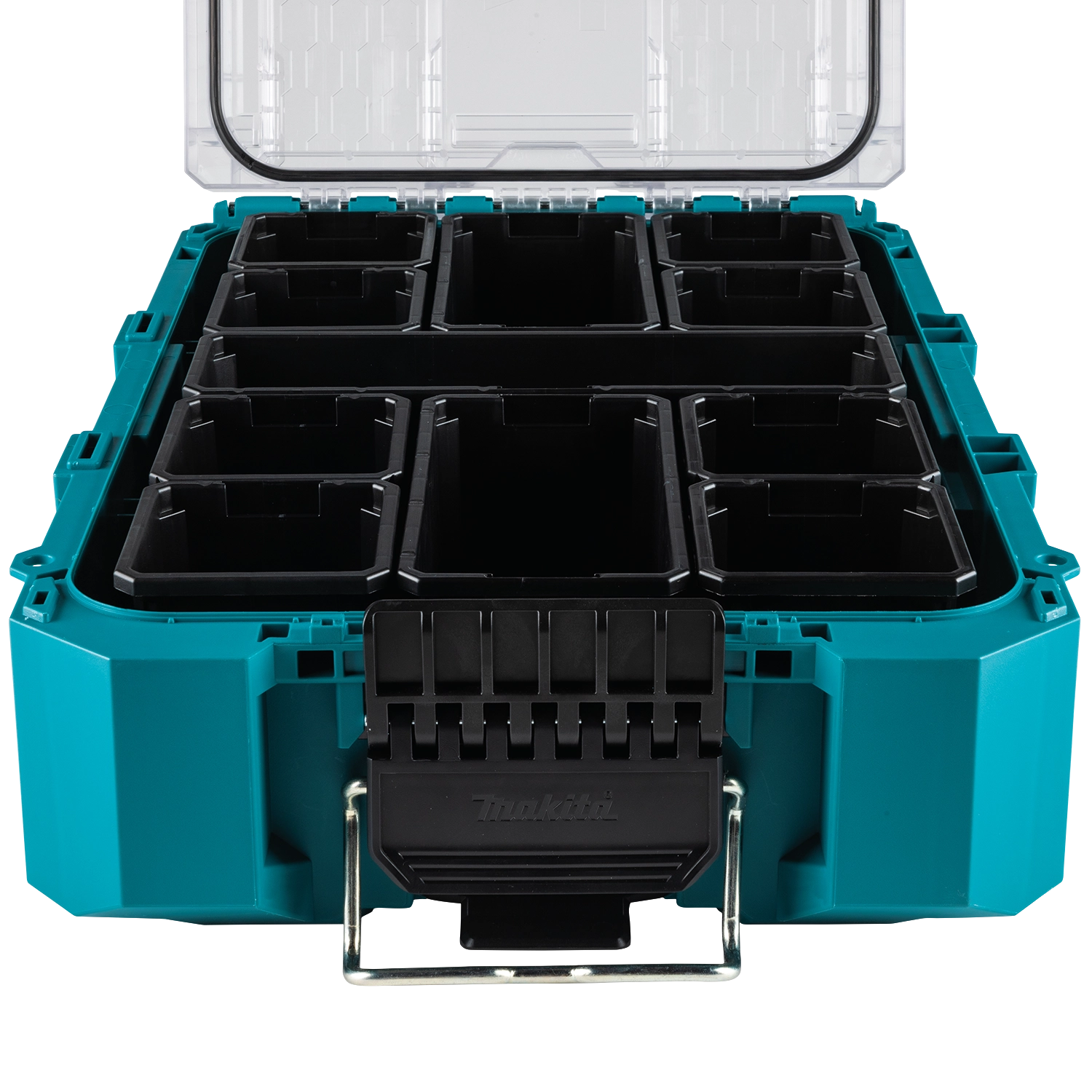 Makita T-90043 with lid open and top tray visible
