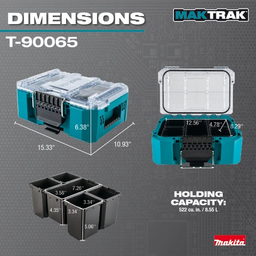 Dimensions of Makita T-90065 organizer shown for reference

