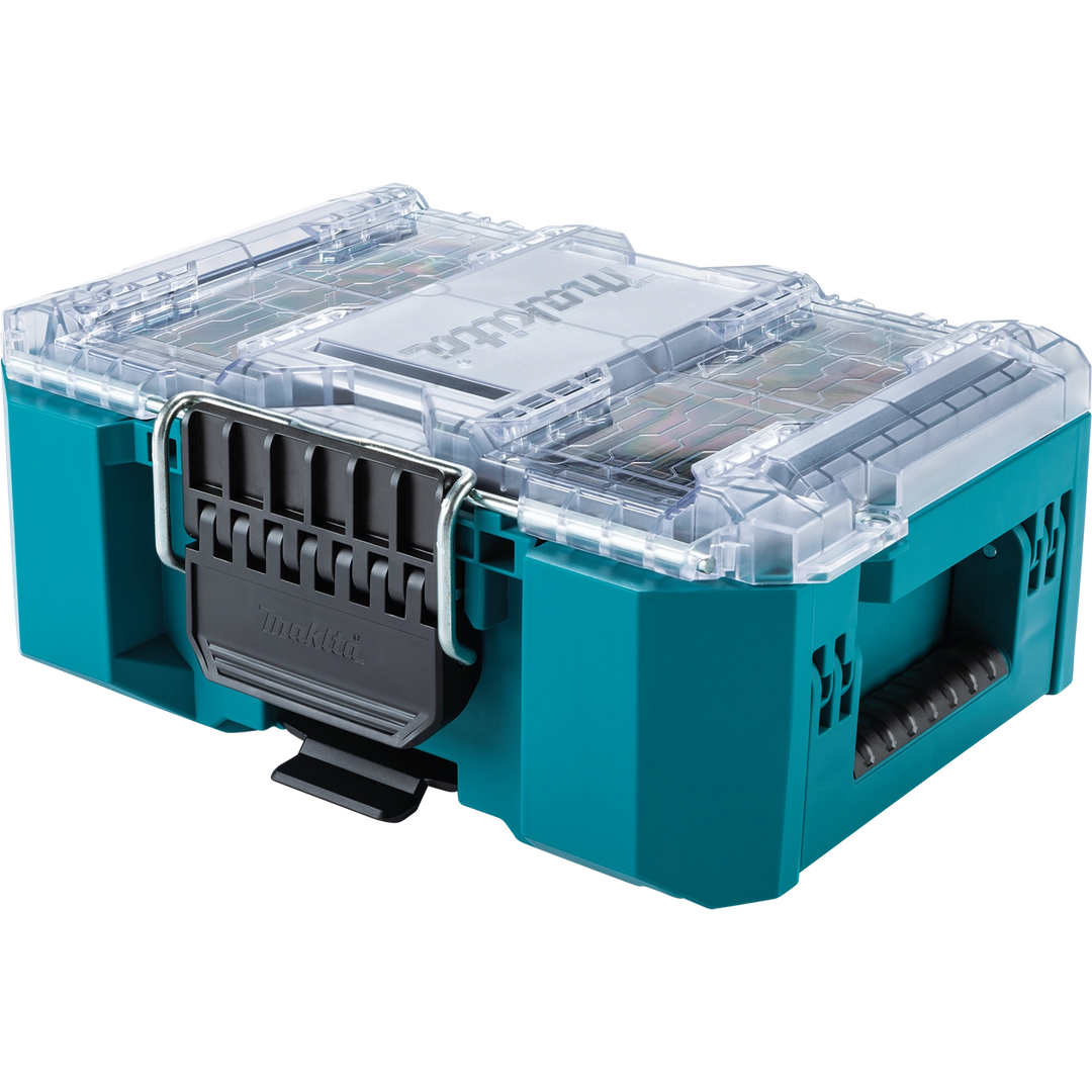 Front angled view of Makita T-90065 organizer with clear lid
