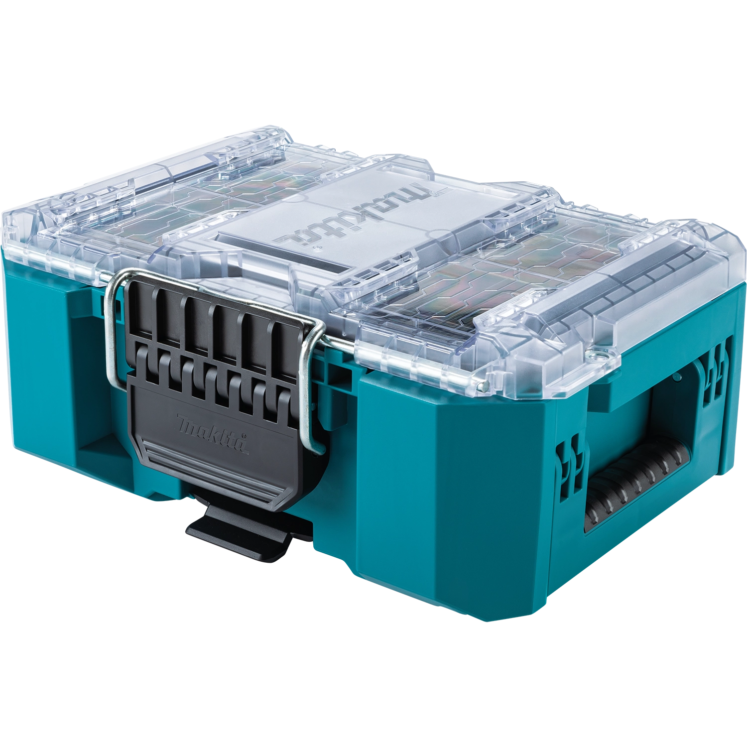 Front angled view of Makita T-90065 organizer with clear lid
