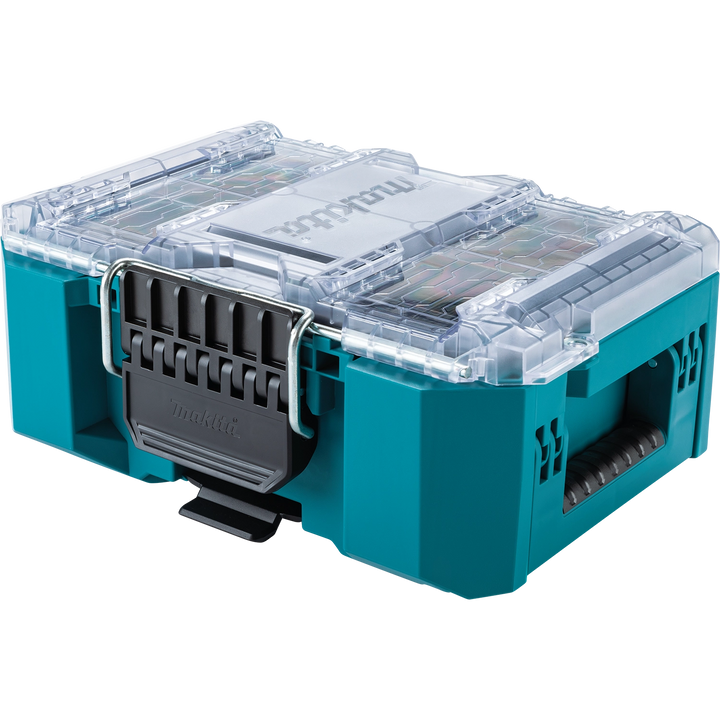 Front angled view of Makita T-90065 organizer with clear lid
