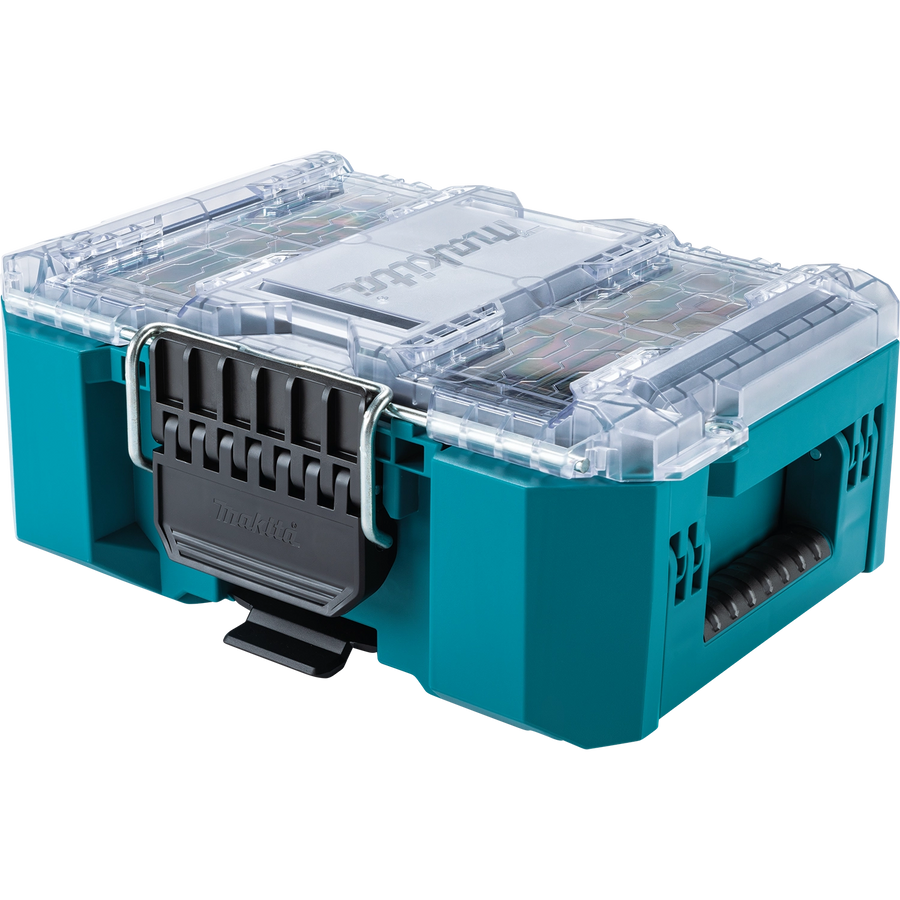 Front angled view of Makita T-90065 organizer with clear lid
