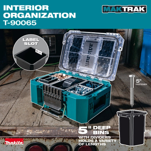Interior layout of Makita T-90065 showing organized bins and slots
