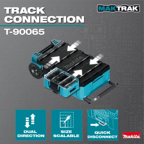 Track connection detail on bottom of Makita T-90065 for modular stacking
