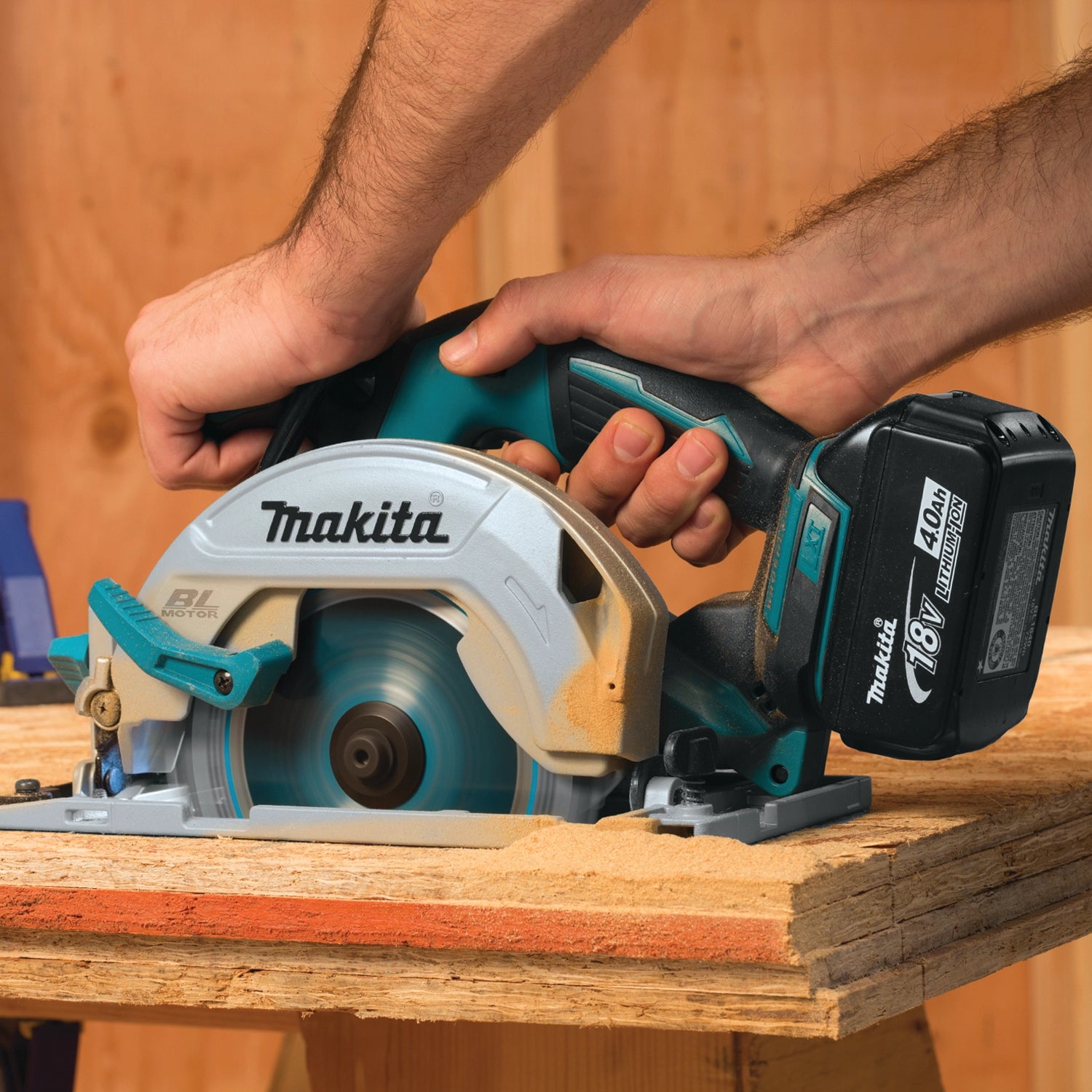 Cordless circular saw in use with Makita 6.5 inch blade
